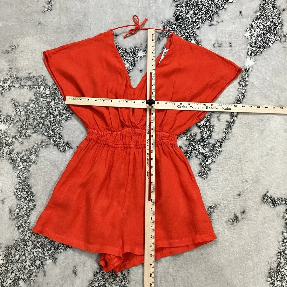 Zara Red Orange Linen Romper Womens Small V Neck Open Back Elastic Waist